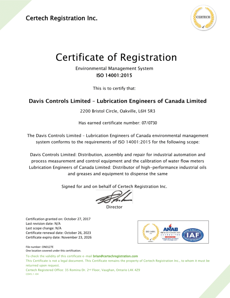 Davis Controls' registration to the ISO 14001:2015