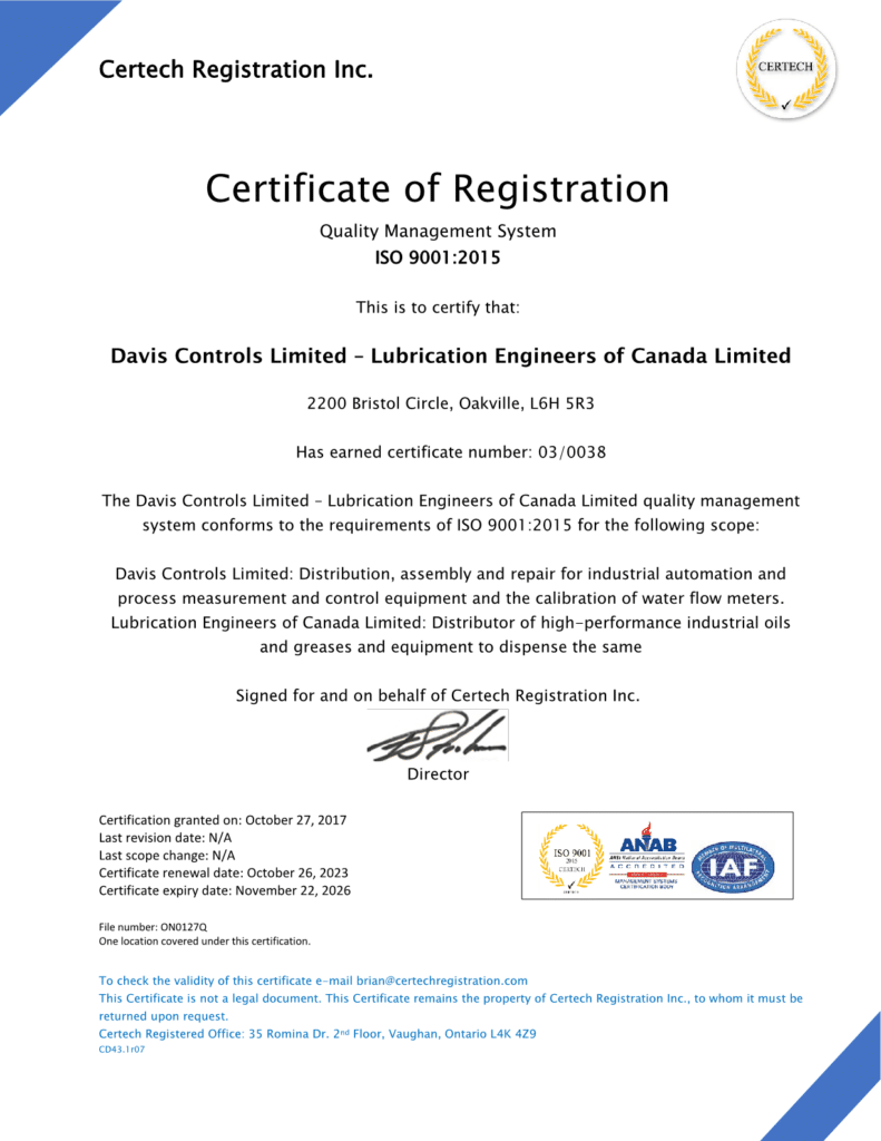 Davis Controls is certified to ISO 9001:2015.